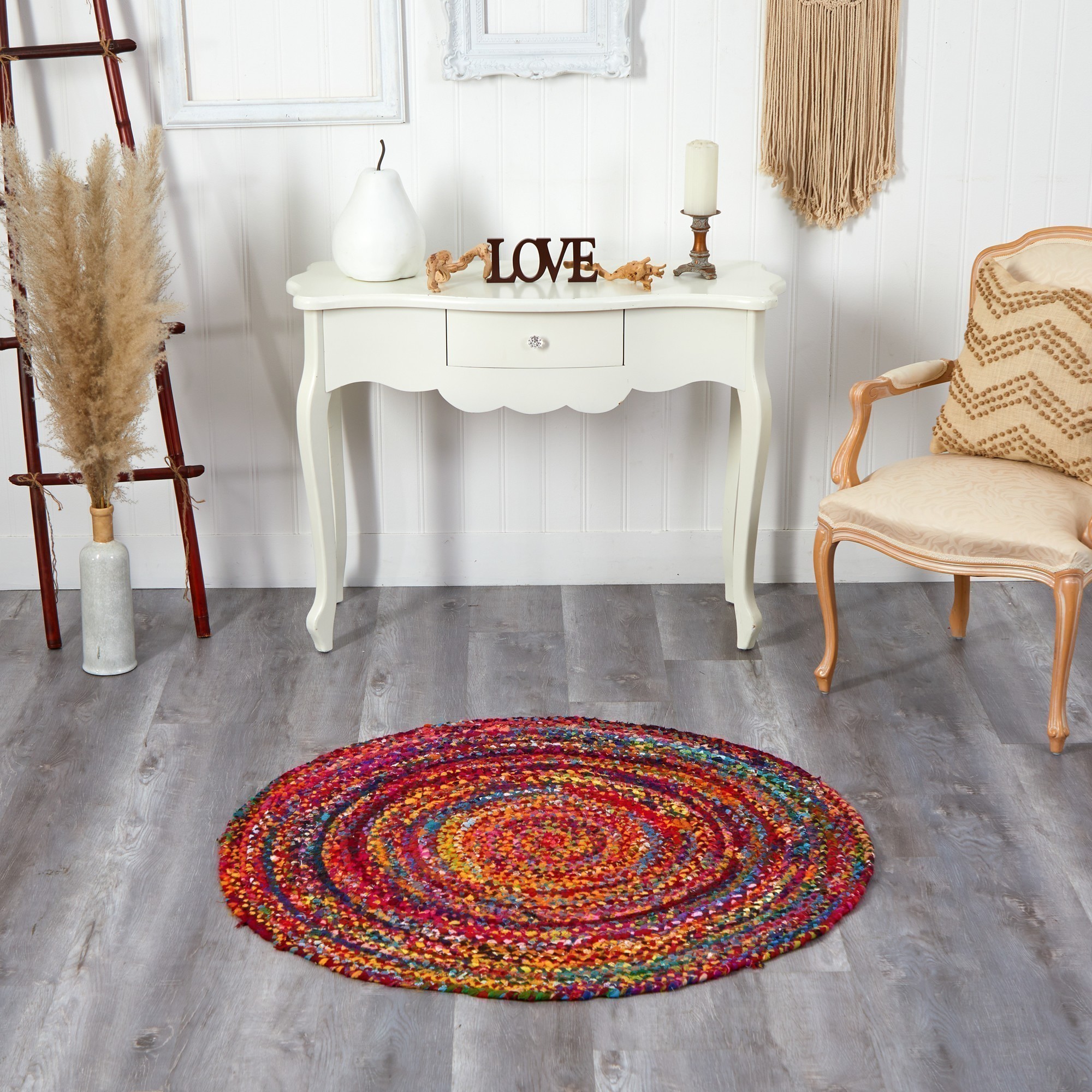 Indian Hand Braided Bohemian Ivory Color Round Rugs Home Decor Rug Floor Decor Carpet Size 4 X 4 on sale Feet